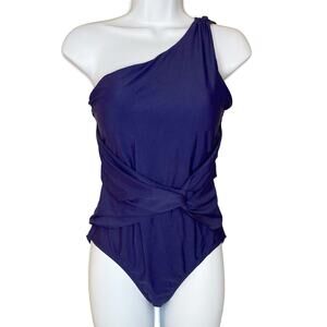 Envya One Piece Swimsuit One Shoulder Asymmetrical Side Twist Knot Front Small